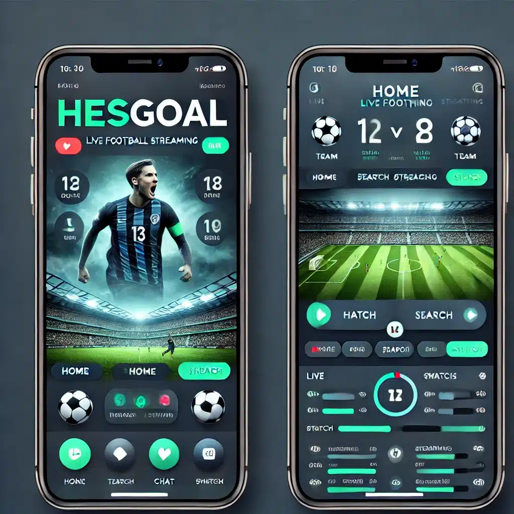 A sleek and modern design for the 'Hesgoal' sports streaming platform, showcasing dynamic elements from football, basketball, and tennis. The background is a blend of dark blue with bright green and white accents, emphasizing movement and excitement in live sports action